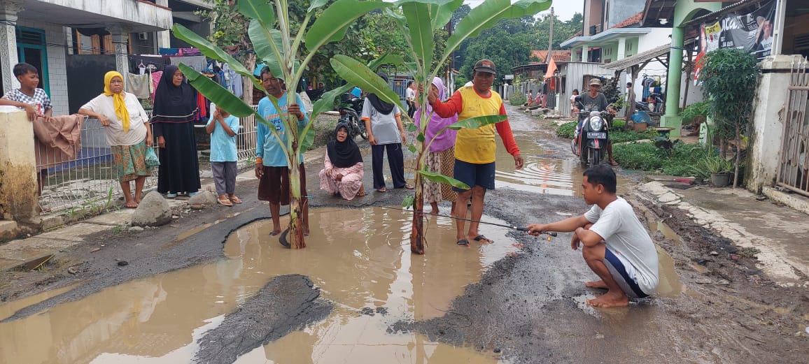 Bentuk Protes, Warga Kertayasa Kabupaten Tegal Tanam Pohon Pisang dan Mancing di Jalan Rusak