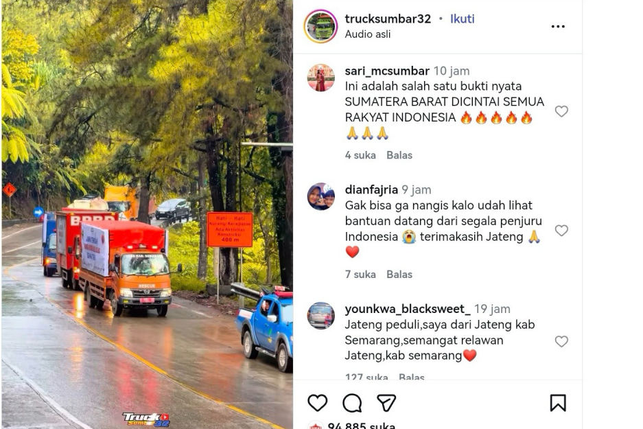 Viral Truk Bantuan Pemprov Jateng Tembus Sitinjau Lauik, Netizen Terharu: Gini Aja Aku Nangis