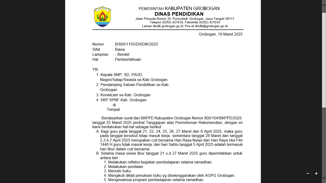 Disdik Grobogan Imbau Para Guru Mengisi Libur Idul Fitri 1446 H dengan Kegiatan Ini