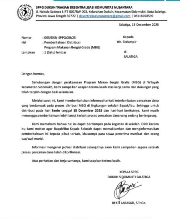 SPPG Dukuh Sidomukti Stop Beroperasi Sementara, 9 Sekolahan di Salatiga Terdampak