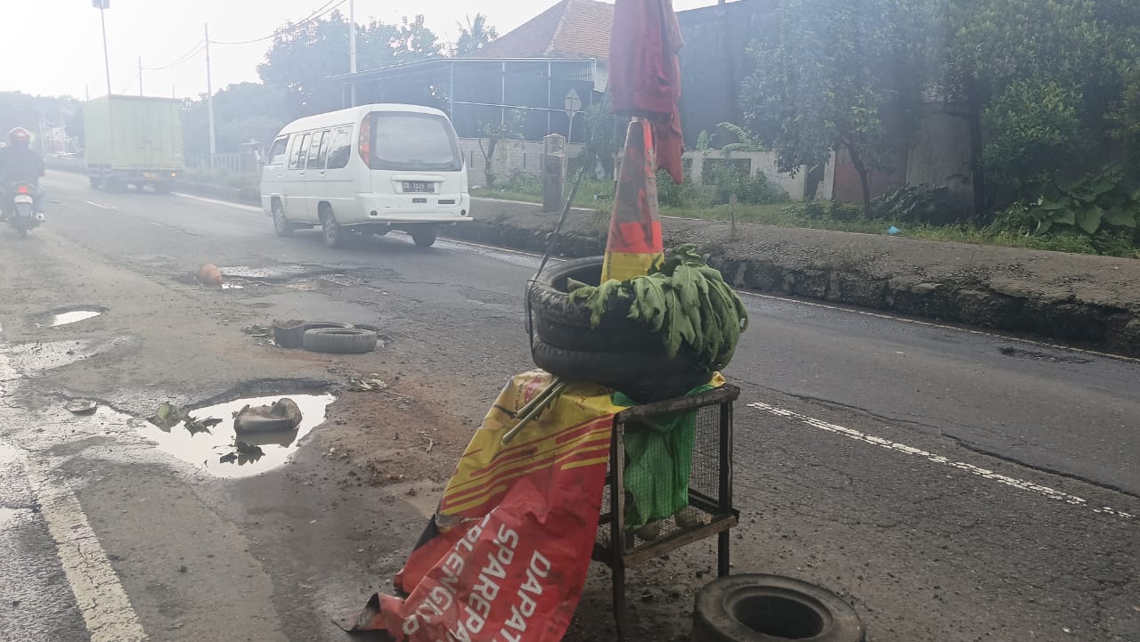 Warga Batang Buat Penanda Jalan Berlubang di Pantura dari Kandang Unggas