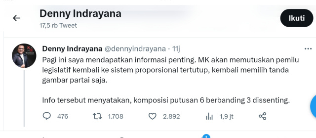 Denny Indrayana Sebut MK Bakal Putuskan Pemilu Proporsional Tertutup, SBY: Bisa Terjadi Chaos Politik