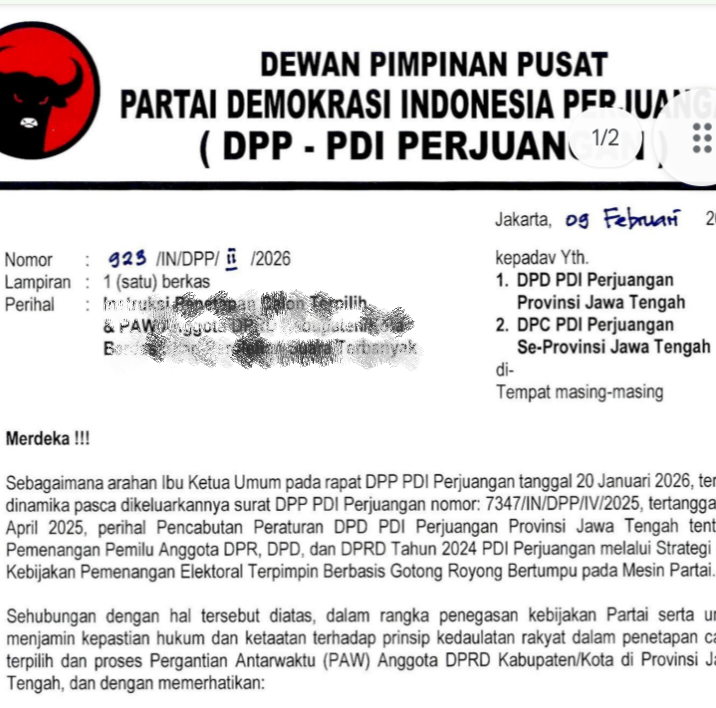 Beredar Surat DPP PDIP, Isinya Instruksi PAW Anggota DPRD Kabupaten/Kota se-Jateng Berdasarkan Suara Terbanyak