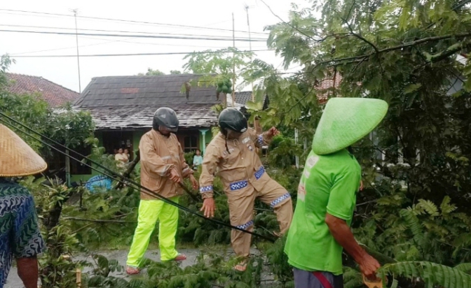 Personel Polres Pemalang dan Warga Evakuasi Pohon Tumbang