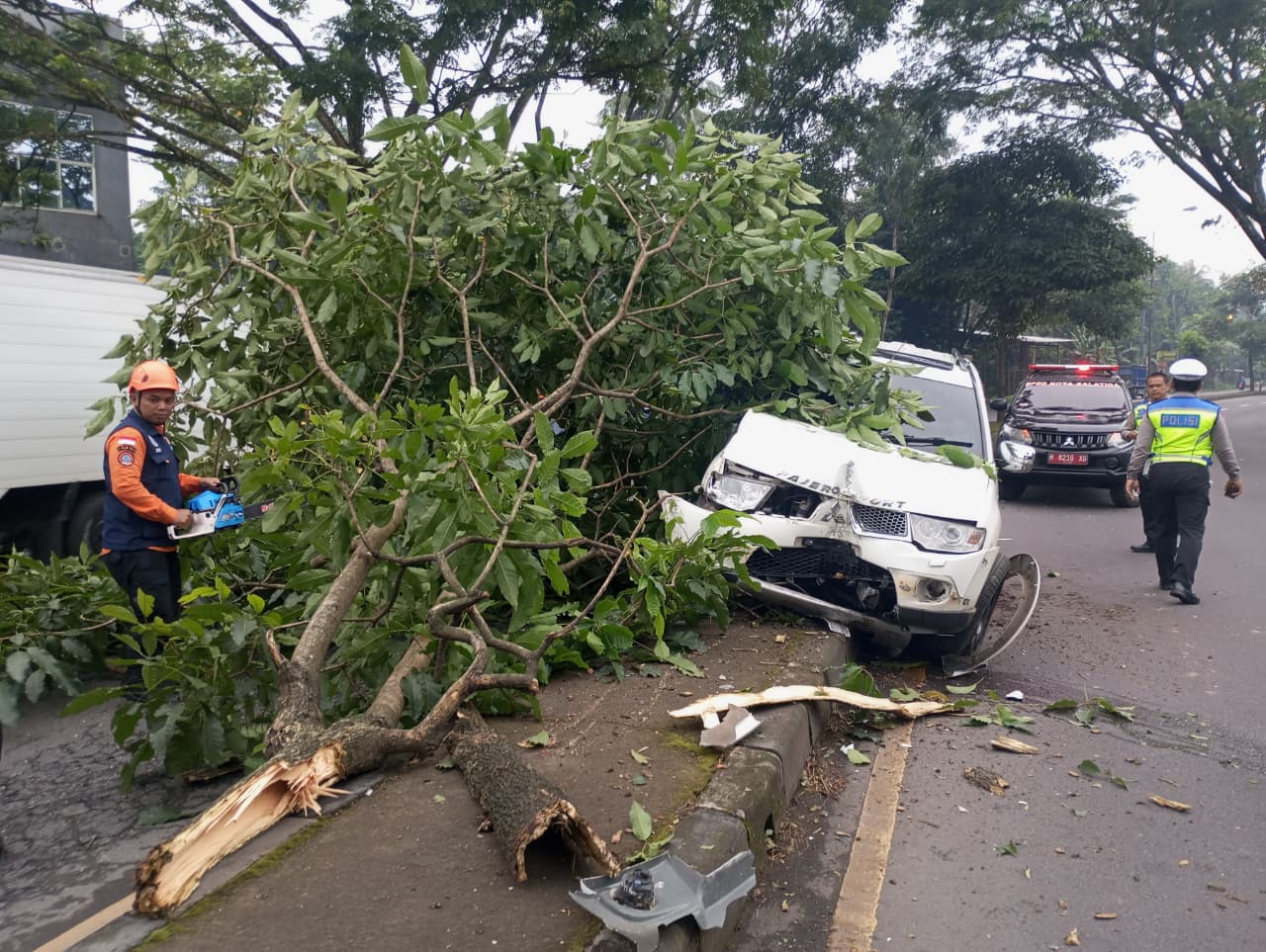 Pajero Sport Putih Oleng Tabrak Pohon di JLS Salatiga 