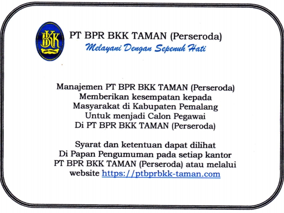 BPR BKK Taman Buka Lowongan Kerja untuk Masyarakat Kabupaten Pemalang, Catat Syaratnya