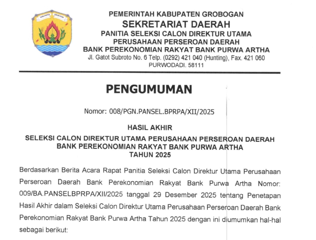 Pemkab Grobogan Ajukan Satu Calon Dirut Bank Purwa Artha ke OJK