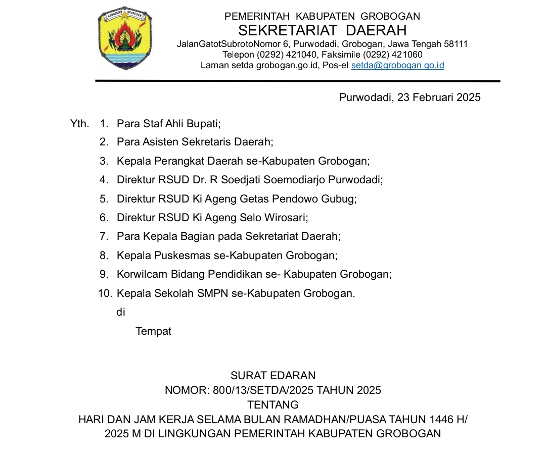 Sekda Grobogan Terbitkan Surat Edaran Terkait Jam Kerja ASN Selama Ramadan 1446 H