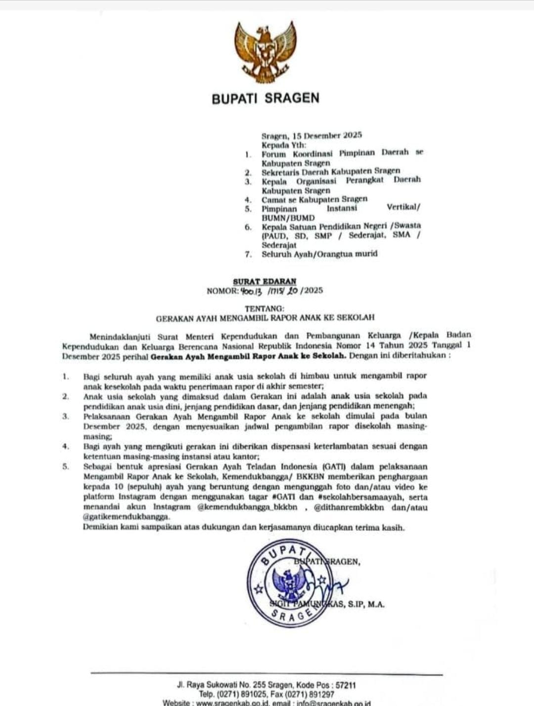 Pemkab Sragen Rilis SE 'Ayah Ambil Rapor' Menuai Kritikan, Lantaran Kesalahan Administrasi