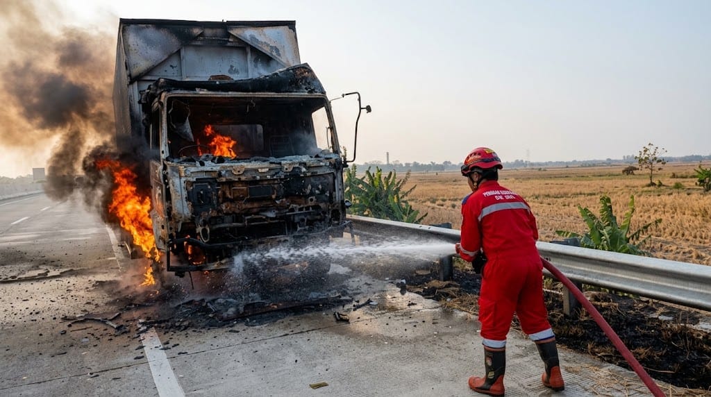 Truk Kontainer Ludes Terbakar di Tol Pejagan-Pemalang, Diduga Akibat Korsleting 