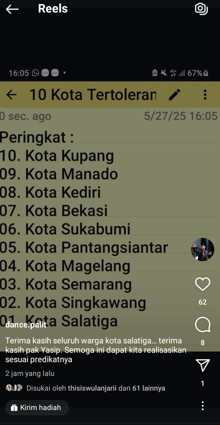 Dance Ishak Palit Posting di IG Salatiga Predikat I Kota Tertoleransi, Ucapkan Terimakasih ke Yasip Khasani