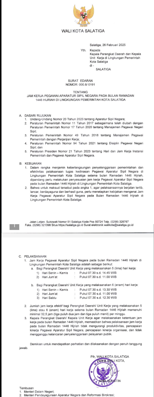 Jam Kerja ASN Salatiga Selama Ramadan Disesuaikan Jadi 32,5 Jam Per Minggu