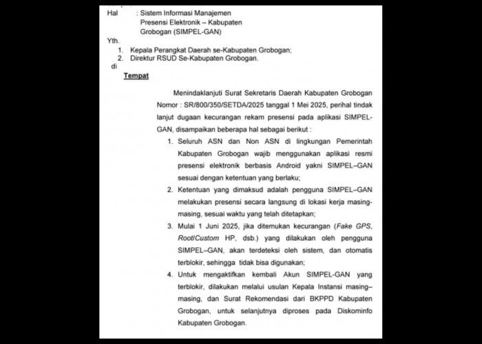 Ribuan ASN Manipulasi Presensi Online, Sekda Grobogan Terbitkan Surat Edaran Berisi Empat Imbauan