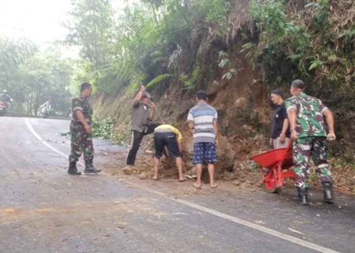 Koramil Kepil Bersama Warga Bersihkan Longsor di Jalan Wonosobo-Magelang