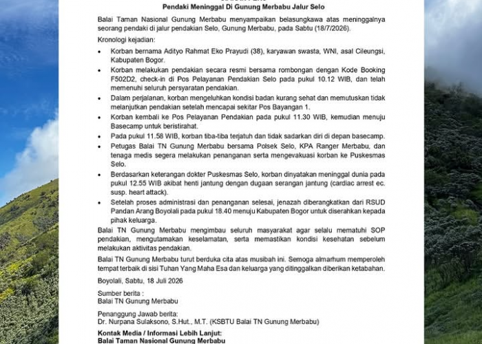 Pasca-Pendaki Asal Bogor Meninggal, BTN Gunung Merbabu Keluarkan Imbauan Waspadai Serangan Jantung