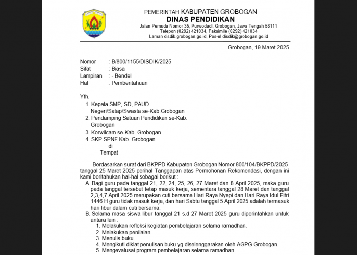 Disdik Grobogan Imbau Para Guru Mengisi Libur Idul Fitri 1446 H dengan Kegiatan Ini