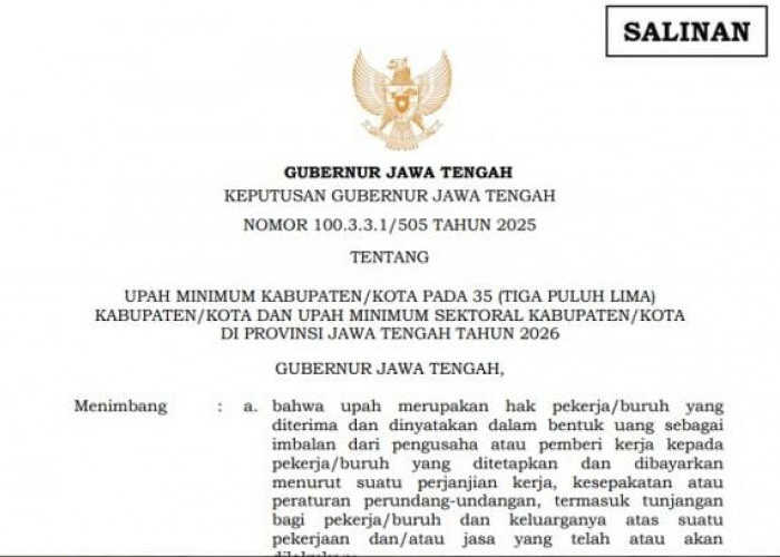Gubernur Jateng Keluarkan SK tentang UMK 35 Kabupaten/Kota 2026, Ini UMK Grobogan