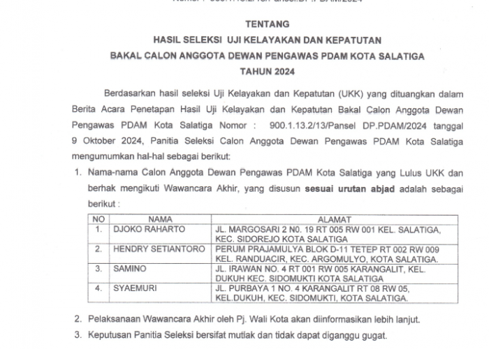 Empat Nama Lolos UKK Dewas PDAM Salatiga, Ada Mantan Direktur Hingga Eks Ketua KPU