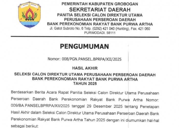 Pemkab Grobogan Ajukan Satu Calon Dirut Bank Purwa Artha ke OJK