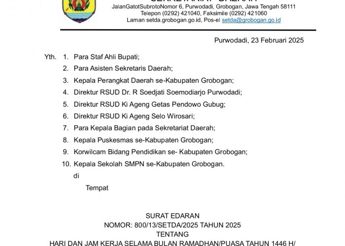 Sekda Grobogan Terbitkan Surat Edaran Terkait Jam Kerja ASN Selama Ramadan 1446 H