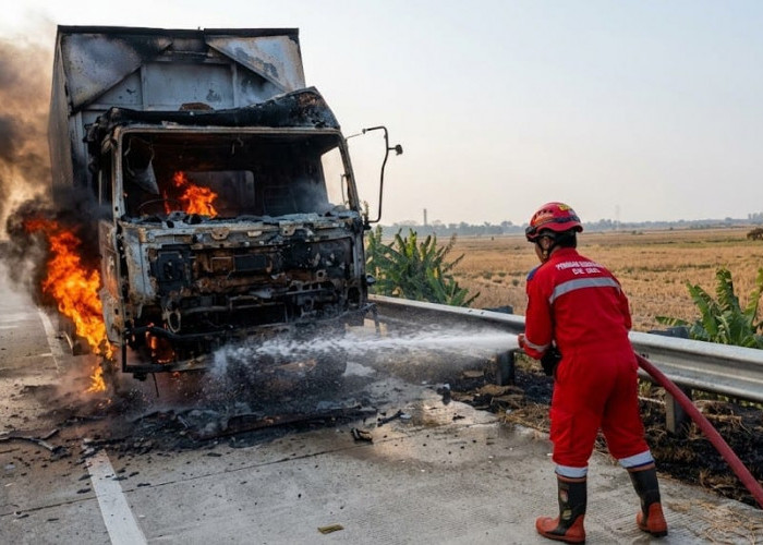 Truk Kontainer Ludes Terbakar di Tol Pejagan-Pemalang, Diduga Akibat Korsleting 
