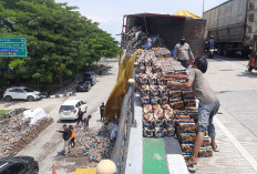 Truk Bermuatan 25 Ton Kopi Botol Terguling di Flyover Madukoro Semarang, Pemotor Tertimpa Muatan